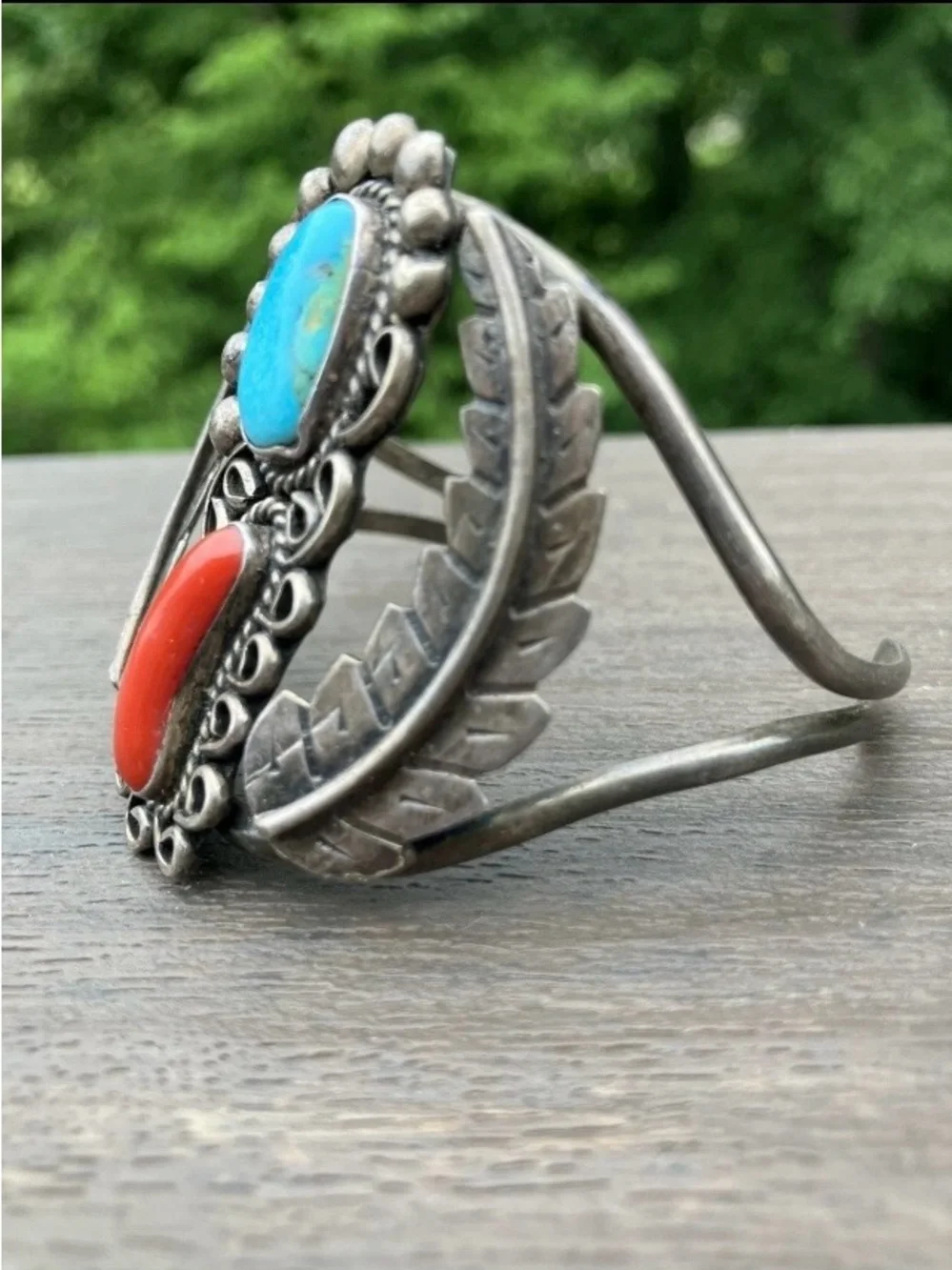 Turquoise & Red Jasper Mexico 925 Sterling Silver Cuff Bangle Bracelet Vintage - Picture 4 of 10